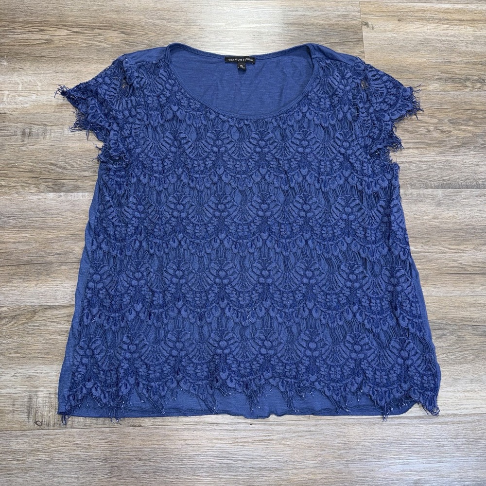 Signature Studio Blue Scoop Neck Top Womens XL Layered Floral Lace Overlay